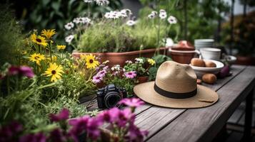 Gartenarbeit Werkzeuge und Blumen auf das Terrasse im das Garten, generativ ai foto