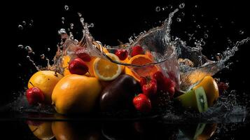 Früchte auf schwarz Hintergrund mit Wasser Spritzen, generativ ai foto