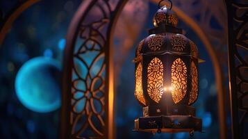Ramadan kareem - - Mond und arabisch Laterne mit abstrakt defokussiert Beleuchtung - - eid ul Fitri, eid ul Anzeige Ha, generativ ai foto