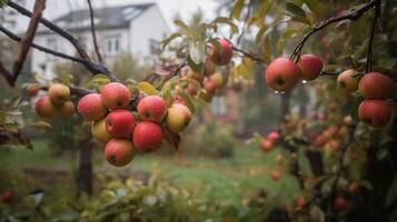 rot Äpfel auf ein Baum. es ist regnet fotografiert Garten, generativ ai foto