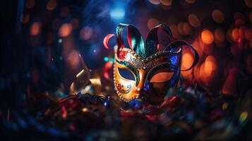 Karneval Party - - venezianisch Maske mit abstrakt defokussiert Bokeh Beleuchtung und glänzend Luftschlangen - - Maskerade Verkleidung Konzept, generativ ai foto