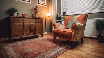 Innere von gemütlich Leben Zimmer mit Sessel, Truhe von Schubladen, generativ ai foto
