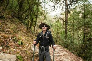 ein jung Reisender Trekking auf Wald Weg , Nepal foto