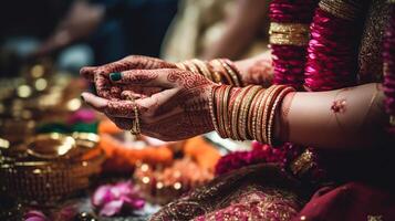 Einzelheiten von traditionell indisch Hochzeit. schön dekoriert Hindu Hochzeit Zubehör. indisch Ehe Traditionen, generativ ai foto