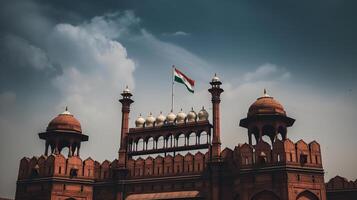 rot Fort Delhi Indien mit Indien Flagge fliegend hoch, generativ ai foto