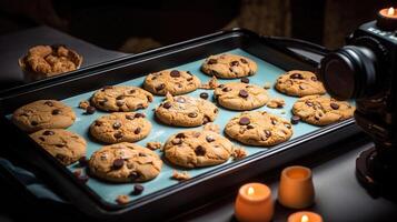 frisch gebacken Kekse auf Tablett, generativ ai foto