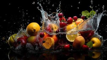 planschen Obst auf Wasser. frisch Obst und Gemüse Sein Schuss wie Sie untergetaucht unter Wasser. Illustration von Waschen Essen Vor Sein Prozess des Weiteren in ein gesund und natürlich Essen, generativ ai foto