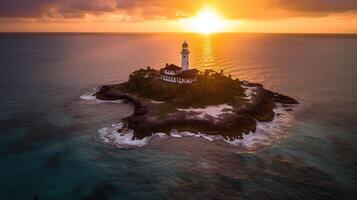 Antenne Aussicht von ein Leuchtturm von ein Luxus Resort mit Bungalows auf ein klein Insel beim Sonnenuntergang, generativ ai foto