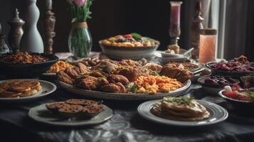 traditionell östlichen Geschirr auf Tisch. Feier von eid al-fitr, generativ ai foto