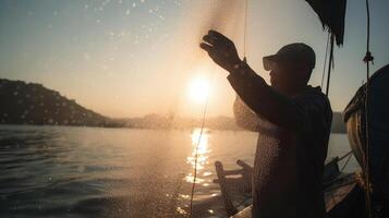 Silhouette von asiatisch Fischer mit Angeln Netz im Morgen Sonnenschein entlang Hafen. halt Bewegung Wasser fallen auf Meer, generativ ai foto