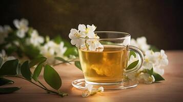 Komposition mit Tasse von Jasmin Tee und Blumen, generativ ai foto