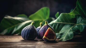 reif Feige Früchte mit Blatt Nahansicht. schön Süss frisch organisch Feigen auf ein hölzern Tisch. generativ ai foto