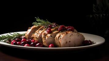 köstlich geröstet Schweinefleisch Lende mit Cranberry und Rosmarin, generativ ai foto