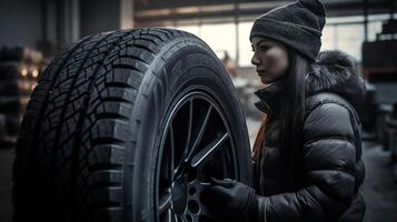 Frauen Mechaniker halten ein Reifen Reifen beim das Reparatur Garage. Ersatz von Winter und Sommer- Reifen, generativ ai foto