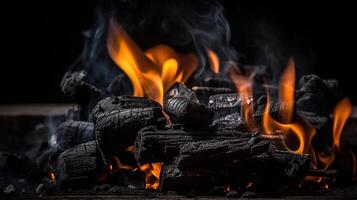 Holzkohle zum Grill Hintergrund mit Flammen, generativ ai foto