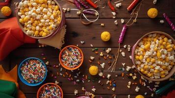 festa junina Party Hintergrund mit Popcorn, Erdnüsse und traditionell Süßigkeiten. Brasilianer Sommer- Ernte Festival Konzept, generativ ai foto