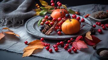 Nahansicht Aussicht von saisonal Tabelle Rahmen mit Herbst Blätter, Kürbisse und Eschenbeeren auf grau Hintergrund, Raum zum Text. das Erntedankfest Tag, generativ ai foto