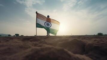 Indien Flagge Sein geschoben in das Boden durch ein männlich Silhouette. 3d Wiedergabe, generativ ai foto