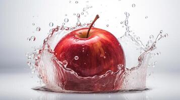 frisch rot Apfel und Spritzen von Wasser auf Weiß Hintergrund, generativ ai foto