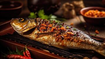 hausgemacht gegrillt Fisch - - asiatisch Rezept - - gesund Meeresfrüchte Konzept, generativ ai foto