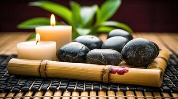 Spa Massage Steine mit Kerzen und Handtücher auf Bambus Matte - - Meditation Konzept, generativ ai foto