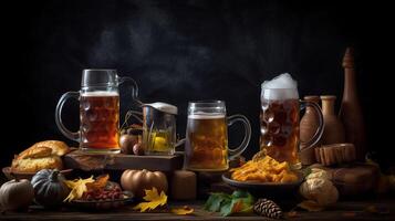 Tassen von frisch Bier und traditionell Essen auf dunkel Hintergrund, Nahaufnahme, generativ ai foto