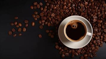 geröstet Kaffee Bohnen, braun Zucker und Tasse von heiß Espresso Kaffee. oben Aussicht eben legen mit Kopieren Raum, generativ ai foto