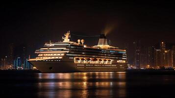 modern Kreuzfahrt Liner im das Hafen beim Nacht, generativ ai foto