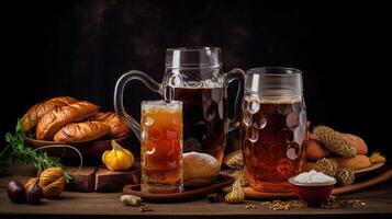 Tassen von frisch Bier und traditionell Essen auf dunkel Hintergrund, Nahaufnahme. Oktoberfest Feier, generativ ai foto