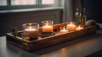 hölzern Badewanne Tablett mit Kerzen, Brille und Tasse von Tee im Licht Zimmer, generativ ai foto