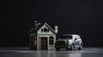 Speichern Geld klein Spielzeug Auto mit Haus Darlehen Konzept Finanzen Wachstum und Eigentum, generativ ai foto