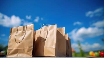 Papier Taschen voll von frisch Lebensmittel und Blau Himmel, Lebensmittelgeschäft Einkaufen Konzept, generativ ai foto