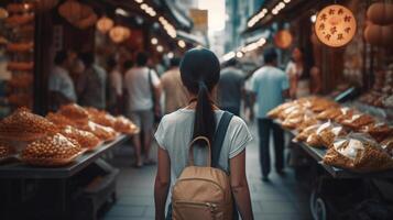 Frau Tourist Gehen im Chinatown auf China Reise. asiatisch Mädchen auf wangfujing Essen Straße während Asien Sommer- Urlaub, generativ ai foto