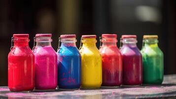 hell Farben im klein Flaschen zum indisch holi Festival. bunt Gulal zum glücklich hallo, generativ ai foto