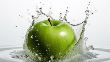 frisch Grün Apfel und Spritzen von Wasser auf isoliert Weiß Hintergrund, generativ ai foto