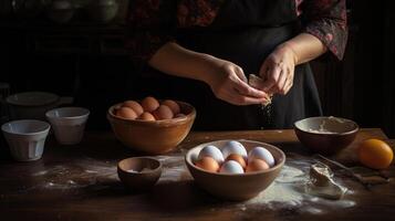 Frau knacken Eier in Schüssel zum Kochen Gebäck, generativ ai foto