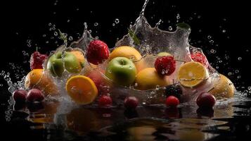 frisch Früchte mit Wasser Spritzen isoliert auf Schwarz, generativ ai foto