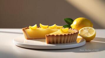 köstlich Zitrone Torte auf dunkel Hintergrund, generativ ai foto