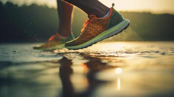 Sport Läufer Füße Laufen auf Sonnenuntergang See Nahansicht auf Schuh, generativ ai foto