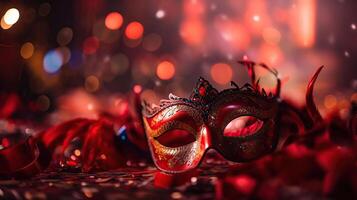 Karneval Party - - venezianisch Masken auf rot funkeln mit glänzend Luftschlangen auf abstrakt defokussiert Bokeh Beleuchtung, generativ ai foto
