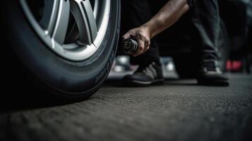 Mechaniker Überprüfung Reifen treten Tiefe und tragen mit ein Reifen Messgerät, Auto Instandhaltung Konzept, generativ ai foto
