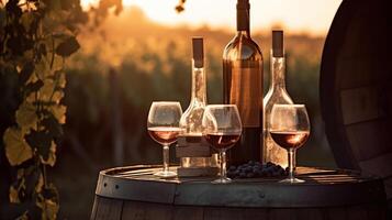 Fass Weingläser Käse und Flasche im Weinberg beim Sonnenuntergang, generativ ai foto