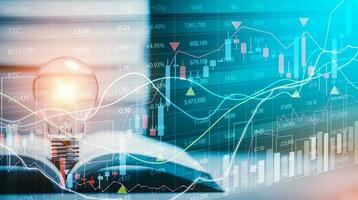 Glühbirne und geöffnetes Vintage-Buchstil-Vintage-dunkles Hintergrundkonzept und Börsen- oder Devisenhandelsdiagramm und Kerzendiagramm, das für Finanzinvestitionsgeld, Geldwechsel geeignet ist. foto