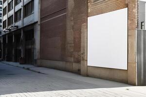 ai generativ ein leer Weiß Plakatwand Attrappe, Lehrmodell, Simulation auf ein Bürgersteig im ein Stadt foto