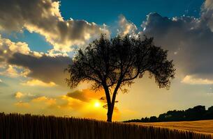 breit Winkel Schuss von ein Single Baum wachsend unter ein bewölkt Himmel während ein Sonnenuntergang umgeben durch Gras ai generiert foto