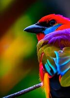 bunt Vogel sitzt auf ein Wüste Landschaft mit Berge im das Hintergrund Foto ai