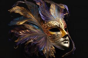 venezianisch Karneval Maske. Gold Farbe, farbig Gefieder. glücklich Karneval Festival, Attribute von das Brasilianer Karneval. venezianisch Karneval Maske und Perlen Dekoration. Karneval gras Hintergrund. generativ ai foto