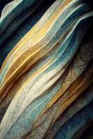 Marmor bewirken Hintergrund oder Textur. spektakulär abstrakt glitzernd golden solide Flüssigkeit Wellen. wirbelnd golden und Blau Pastell- Muster, leuchtenden golden Farbe, Marmor geometrisch, generativ ai foto