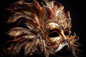 venezianisch Karneval Maske. Gold Farbe, farbig Gefieder. glücklich Karneval Festival, Attribute von das Brasilianer Karneval. venezianisch Karneval Maske und Perlen Dekoration. Karneval gras Hintergrund. generativ ai foto