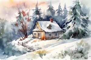 Aquarell Komposition mit Winter Landschaft wenig Haus Bäume Schnee Kiefer Dorf Hütte Natur. ai generiert foto